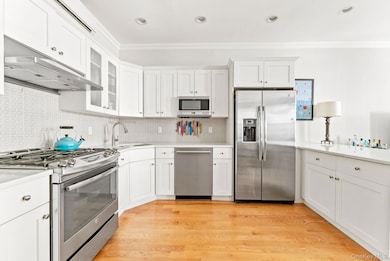 Kitchen featuring stainless steel appliances, ornamental molding, under cabinet range hood, glass insert cabinets, and light wood-style floors