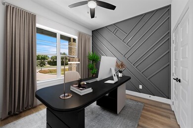 Office featuring ceiling fan and hardwood / wood-s