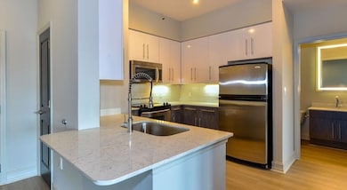 Kitchen with light hardwood / wood-style floors, t