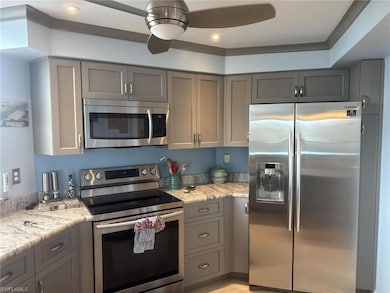 Kitchen featuring light stone countertops, gray ca