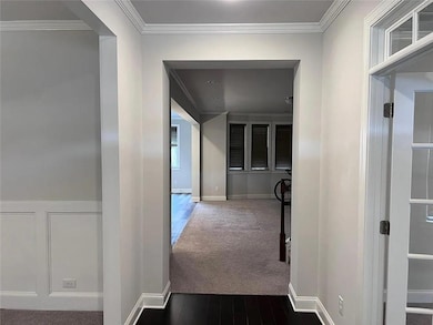 Hallway with crown molding, dark wood finished floors, and dark carpet