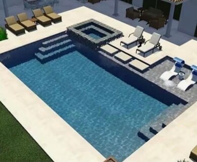 Rendering of swimming pool with a patio and a pool with connected hot tub