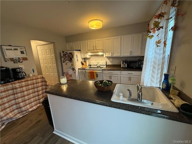 Kitchen with a sink, white cabinetry, under cabinet range hood, white appliances, and dark countertops