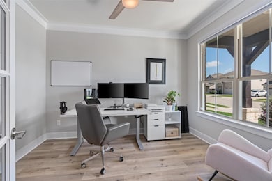 Office space featuring ornamental molding, a ceil