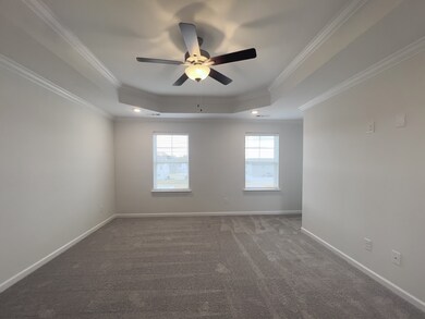 spacious  primary bedroom with trey ceiling flush mount lighting and fan