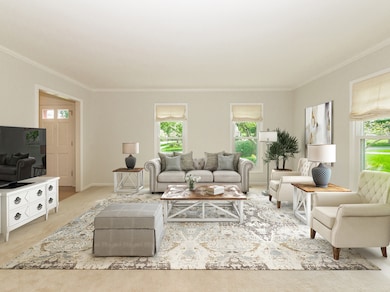 Large comfortable living room has french doors lea