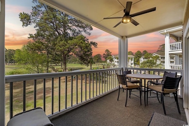 Balcony at dusk with ceiling fan
