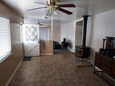 Foyer entrance featuring a ceiling fan, a wood stove, and stone finish floors
