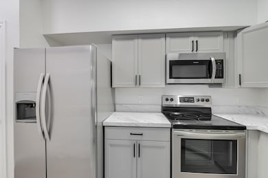 Kitchen with stainless steel appliances, light st