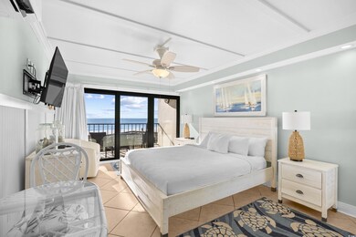 Bedroom featuring tile patterned flooring, access to exterior, ceiling fan, and ornamental molding