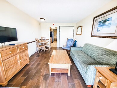 Living room with dark wood-style flooring
