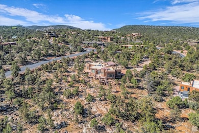 Birds eye view of property with a view of trees and a mountain view