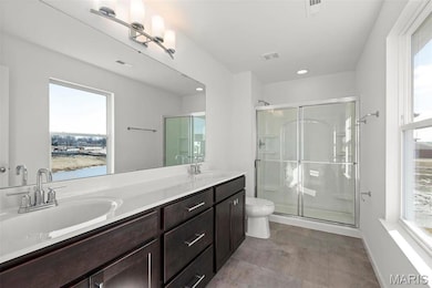 Bathroom featuring vanity, toilet, an enclosed shower, and a wealth of natural light