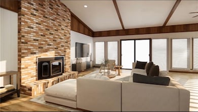 AI staged living area with a ceiling fan, wooden w