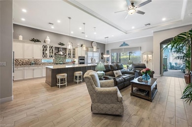 Living room with a ceiling fan, light wood finished floors, recessed lighting, and a raised ceiling