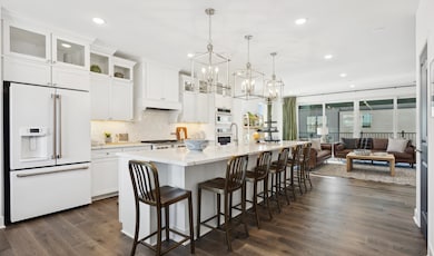 Kitchen with pendant lights over island