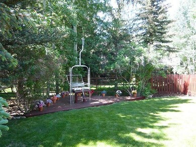 Lushly landscaped backyard with vintage
