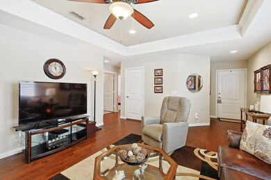 Living room featuring ceiling fan, a tray ceiling,