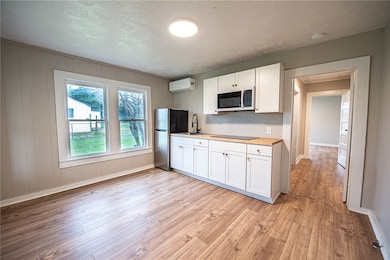 Kitchen with light wood finished floors, stainless