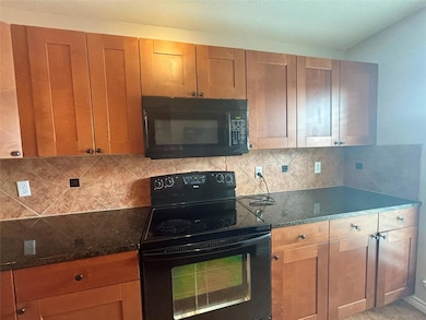Kitchen with black dishwasher, backsplash, hangin