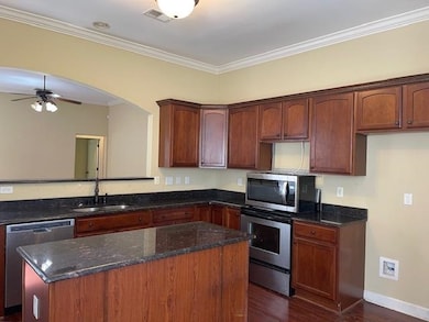 Kitchen featuring appliances with stainless steel finishes, a center island, dark wood-type flooring, dark stone countertops, and a ceiling fan