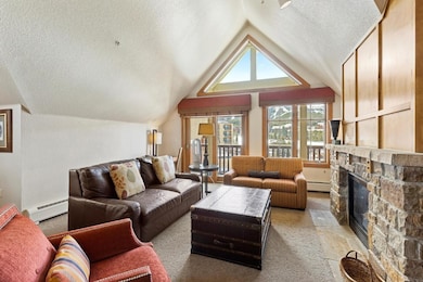 Living room featuring a stone fireplace, a baseboa