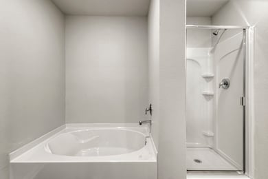The luxurious primary bathroom has a soaking tub,