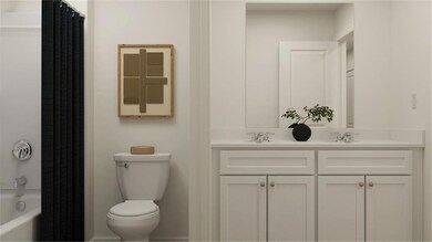 Full bathroom with vanity, toilet, and shower / bathtub combination with curtain