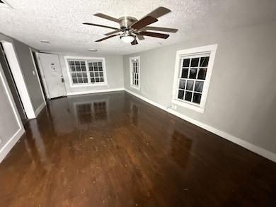 Spare room with dark wood finished floors, a textured ceiling, and a ceiling fan