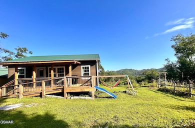 Cabin has a mountain view