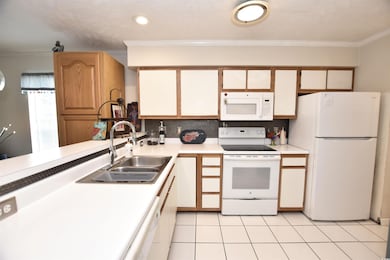 Kitchen with tasteful backsplash, sink, crown mold