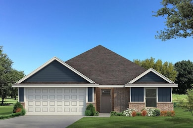 View of front of house with a shingled roof, brick siding, an attached garage, concrete driveway, and a front lawn