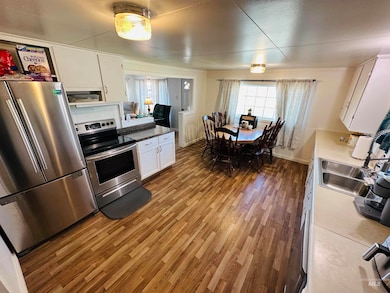 Kitchen with white cabinets, stainless steel appliances, dark wood finished floors, and healthy amount of natural light