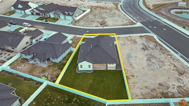 Aerial view of residential area with property parcel outlined