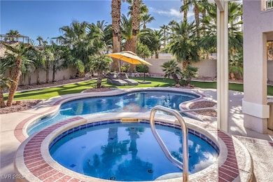 Surrounded by mature palm trees, the backyard oasi