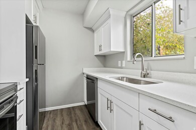 Kitchen with white cabinets, dark wood-type flooring, appliances with stainless steel finishes, and light stone counters