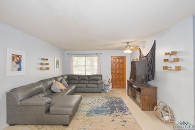 Living area featuring a ceiling fan and crown molding