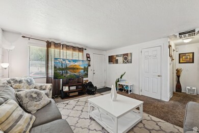 Carpeted living area with a textured ceiling