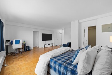 Bedroom with electric panel, a desk, and two closets