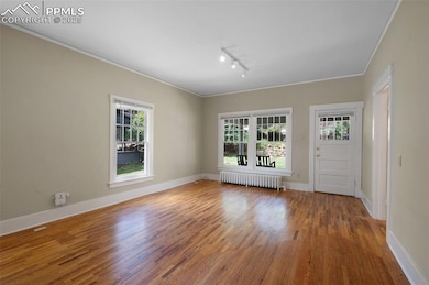 Spare room with radiator, rail lighting, crown molding, wood finished floors, and plenty of natural light