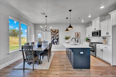 Kitchen featuring white cabinets, a chandelier, appliances with stainless steel finishes, pendant lighting, and a center island with sink