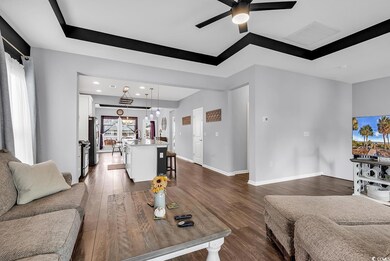 Living room featuring ceiling fan, sink, and dark 