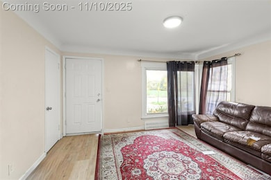 Living room with light wood-style flooring and baseboards