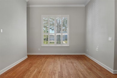 Living Room with crown molding and plantation shutters