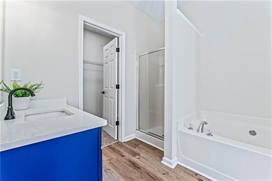 Full bathroom featuring vanity, a shower stall, a walk in closet, light wood-style flooring, and a garden tub