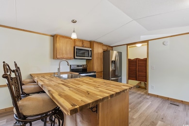 Kitchen with a sink, stainless steel appliances, light wood-style flooring, and lofted ceiling