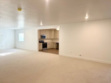 Unfurnished living room with light colored carpet and a textured ceiling