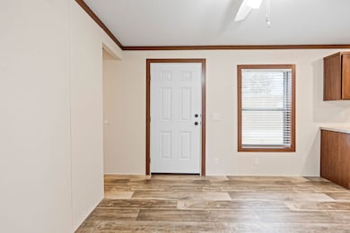 Interior entry area with the white front door, Caramel trim, and rich wood-look vinyl flooring