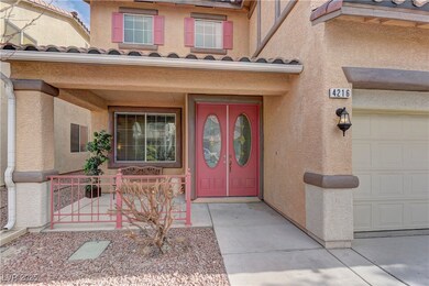 View of exterior porch, front glass double doors.