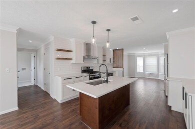 Kitchen with open shelves, light countertops, ornamental molding, dark wood-style floors, and white cabinets